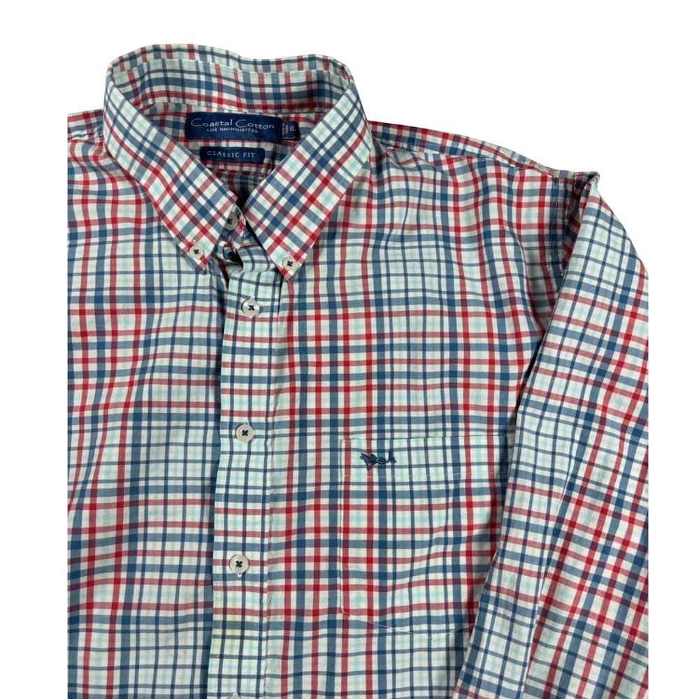 Coastal Cotton Mens XL Classic Fit Plaid Button Down Shirt Red White Blue Fish